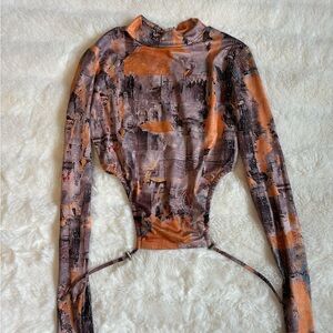 Fashion Nova Brown and Orange Fitted Bodysuit with Mandarin Collar and Tie Front